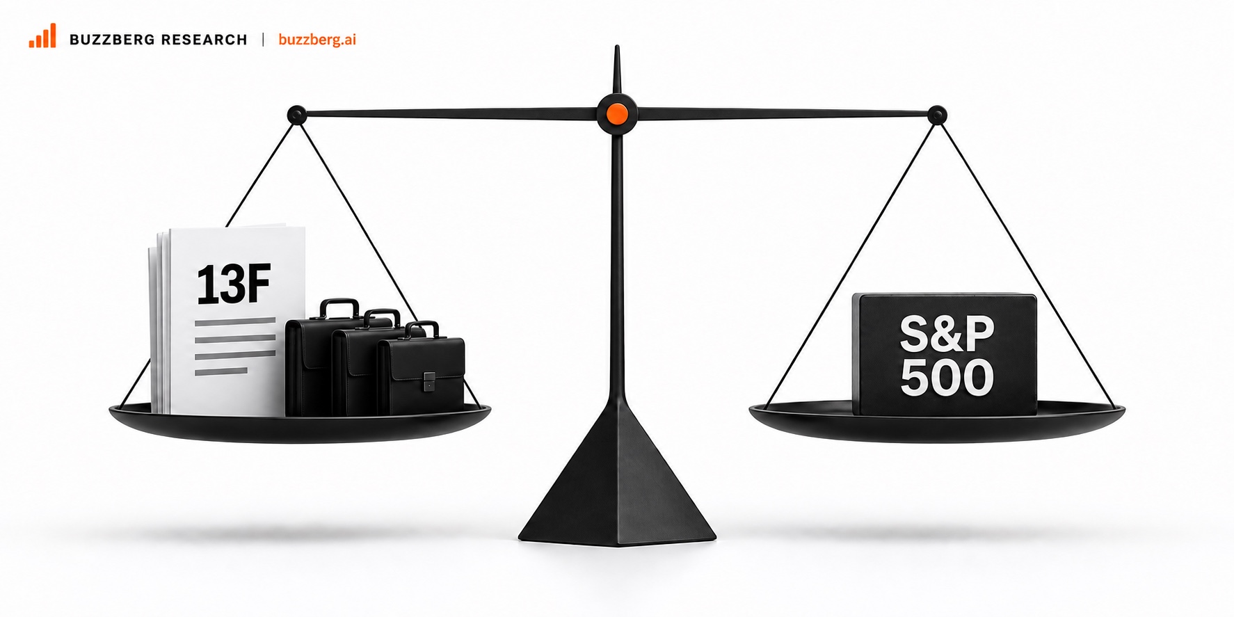 A balance scale compares public 13F filings and investor portfolios with the S&P 500 benchmark.