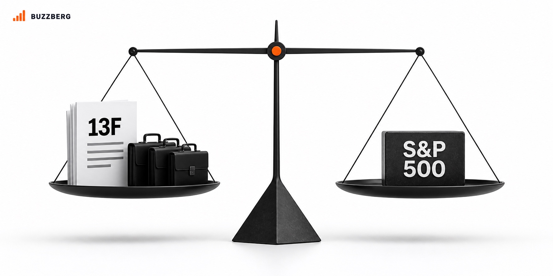 A balance scale compares public 13F filings and investor portfolios with the S&P 500 benchmark.