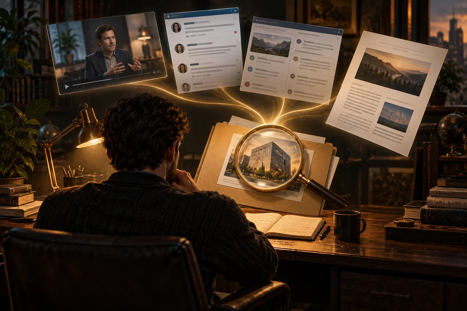 An analyst connects video discussions, social posts and newsletters to one company research file.