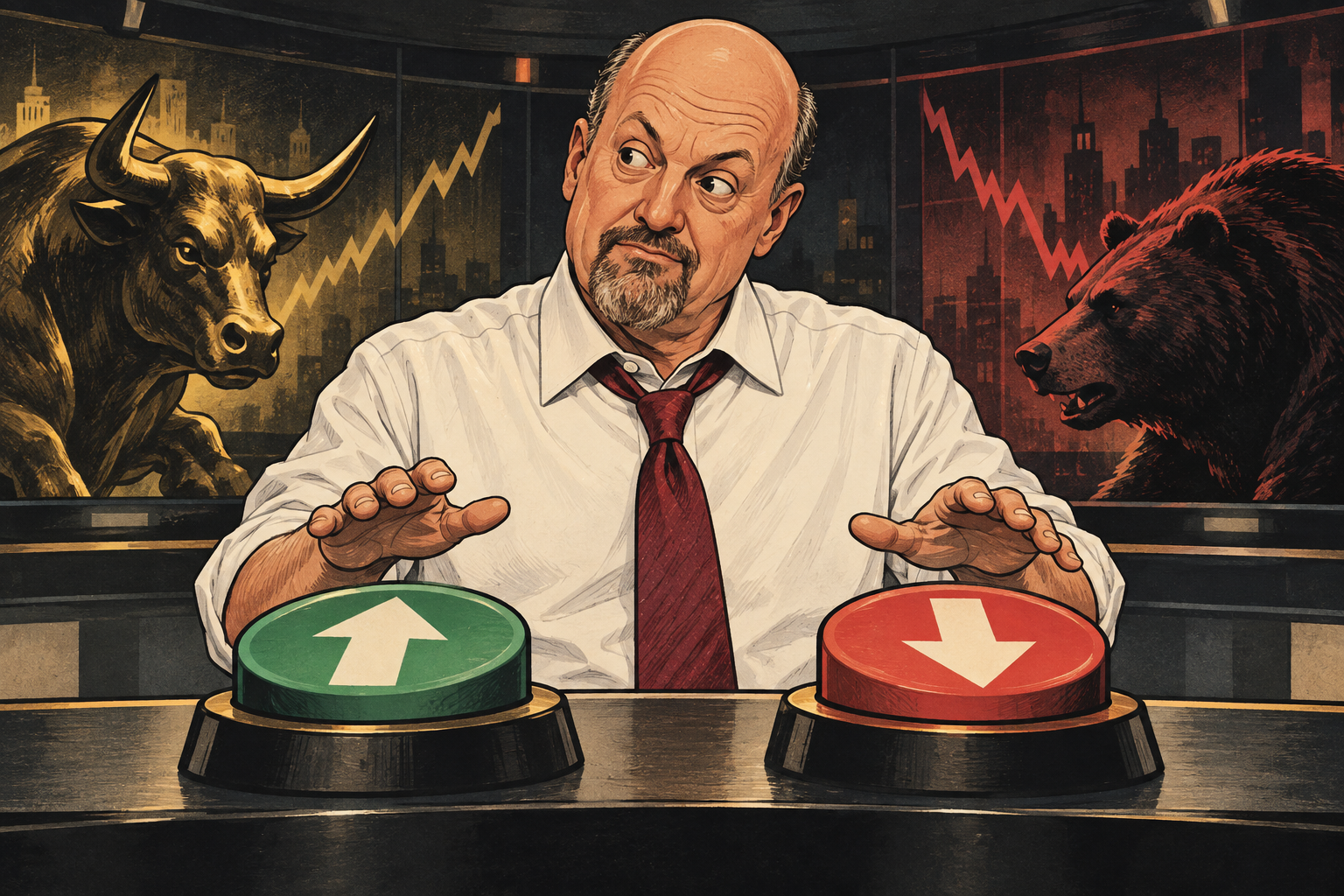 Illustration of Jim Cramer between two buttons: an upward arrow and a downward arrow