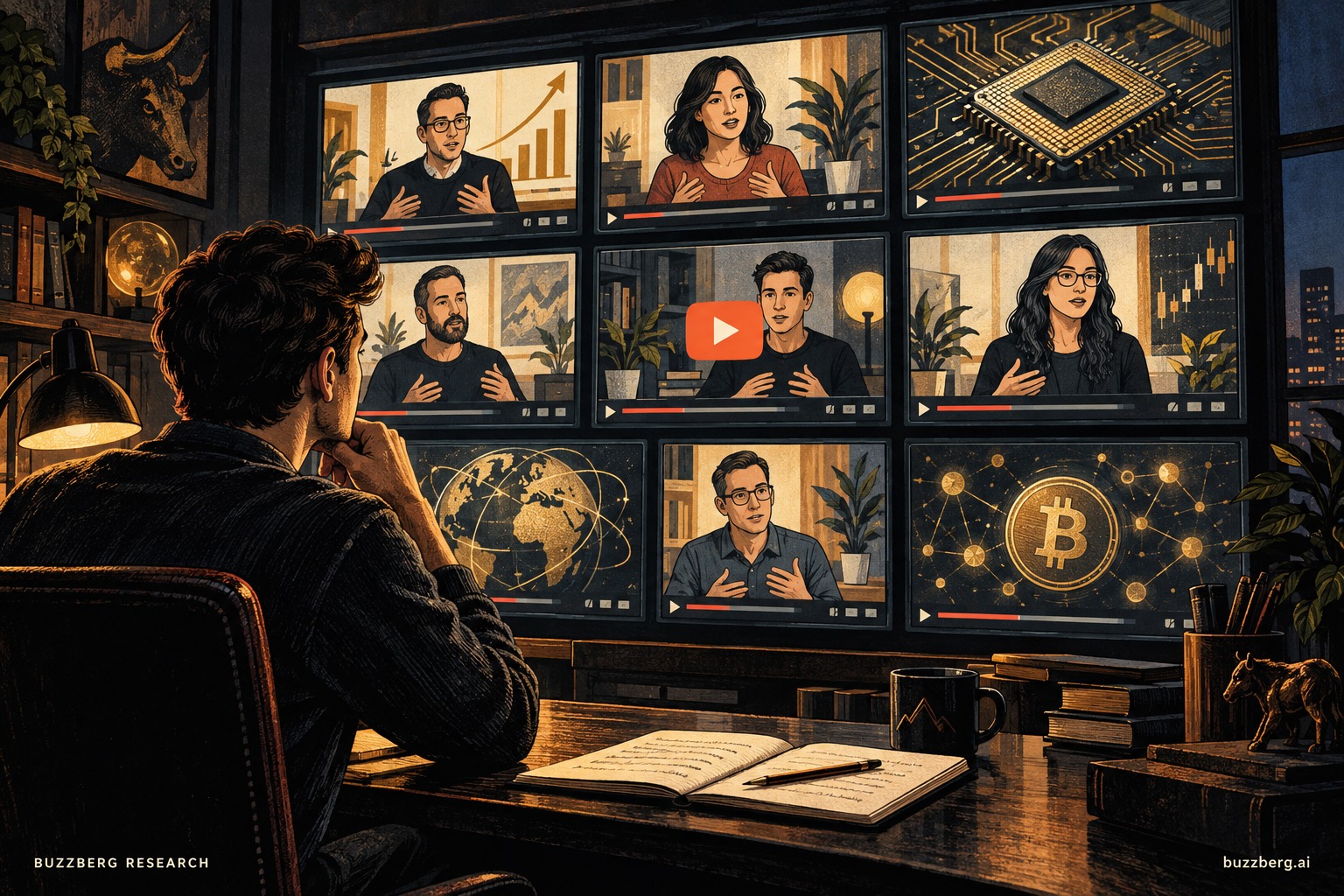 An investor studies nine investing video channels in a broadcast control room