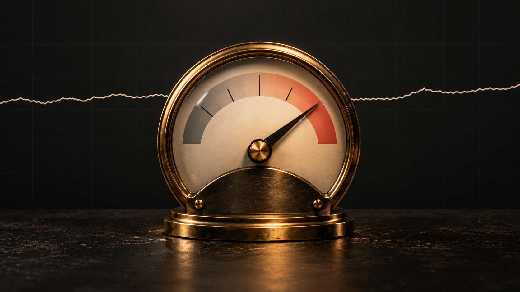 A gold sentiment gauge points high while the stock-price line behind it barely moves.